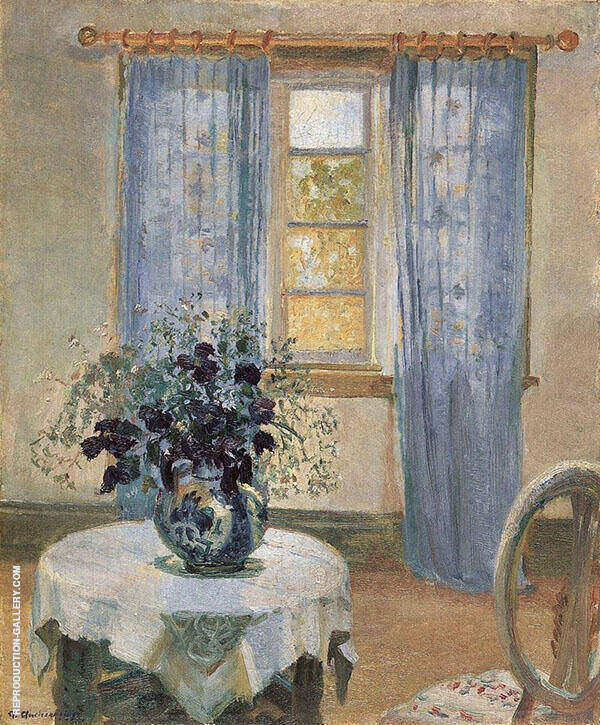 Room with Light Blue Curtins and Blue Clematis 1913 | Oil Painting Reproduction