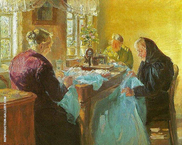 Three Old Women Sewing a Blue Dress for a Fancy Dress Ball 1920 | Oil Painting Reproduction