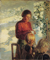 Two Little Girls Being Taught How to Sew By Anna Ancher