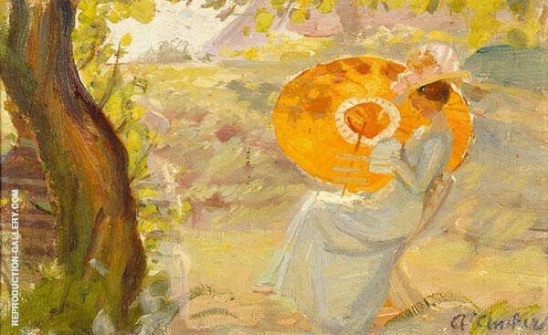 Young Girl in a Garden with Orange Umbrella | Oil Painting Reproduction