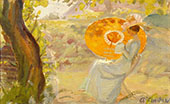 Young Girl in a Garden with Orange Umbrella By Anna Ancher