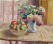 Flowers in a Vase with Fruit By Albert Andre
