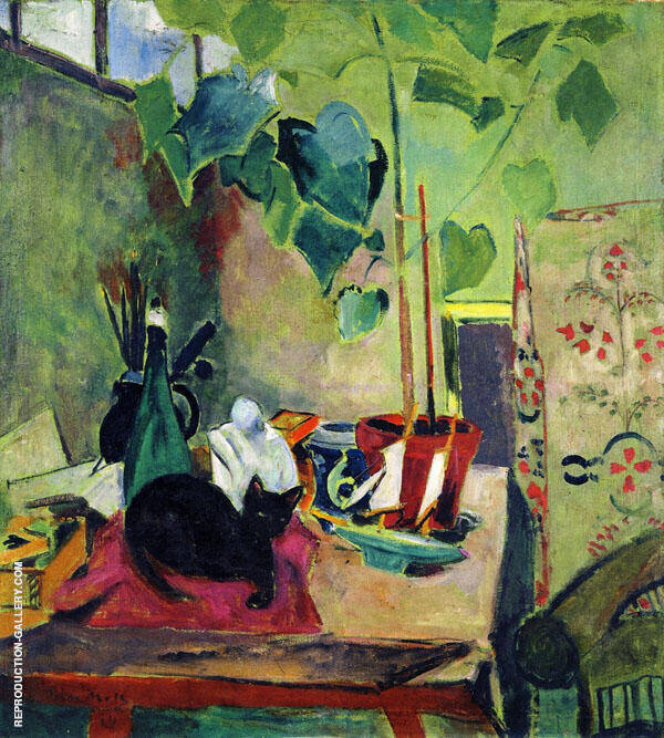 Cat with House Plant by Oskar Moll | Oil Painting Reproduction