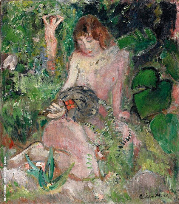Nude with a Fan Among The Leaves by Oskar Moll | Oil Painting Reproduction