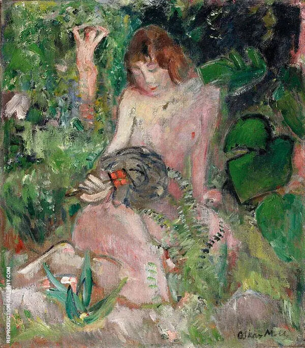Nude with a Fan Among The Leaves By Oskar Moll