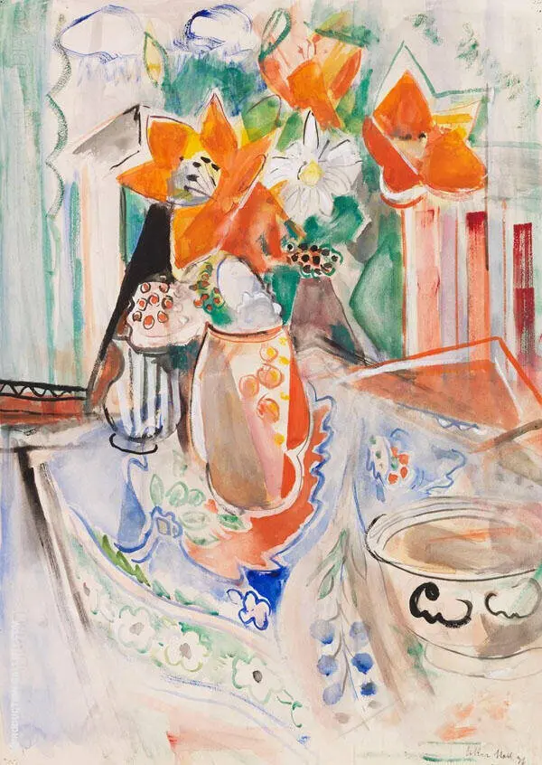 Still Life with Flowers Bowl and Striped Jug By Oskar Moll