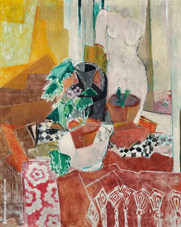 Still Life with Fringe Blanket Flower Pots and Torso By Oskar Moll