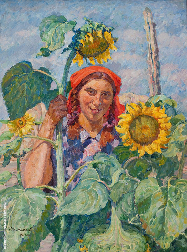 Girl with Sunflowers Portrait of Zoya Andreeva 1930 | Oil Painting Reproduction