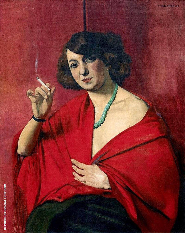 Woman Draped in Red Holding a Cigarette | Oil Painting Reproduction