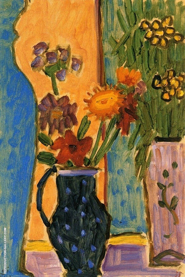 Still Life Flowers with Blue Vases and Wallpaper | Oil Painting Reproduction