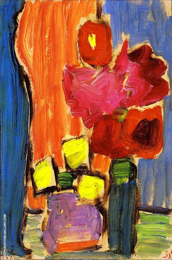 Still Life Red Flowers in a Blue Vase By Alexej von Jawlensky