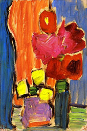 Still Life Red Flowers in a Blue Vase By Alexej von Jawlensky