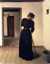 Interior with a Young Woman Sweeping By Vihelm Hammershoi
