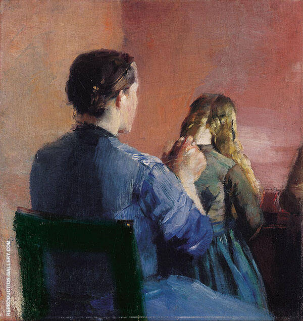 A Mother Plainting her Little Daughter's Hair | Oil Painting Reproduction