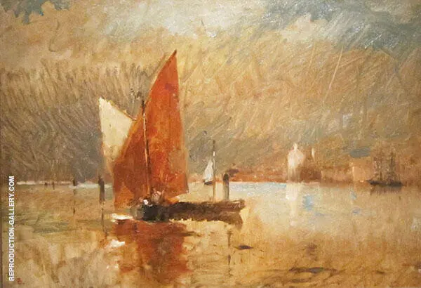 Red Sail in The Harbor at Venice By Frank Duveneck