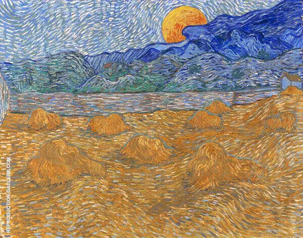 Landscape with Wheat Sheaves and Rising Moon 1889 By Vincent van Gogh