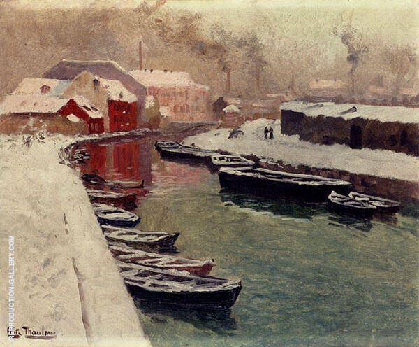 A Snowy Harbor by Frits Thaulow | Oil Painting Reproduction