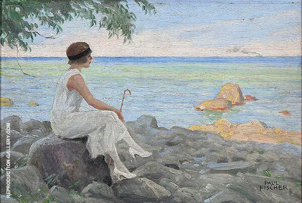 A Young Woman with her Parasol on The Beach By Paul Gustav Fischer
