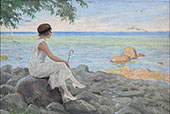 A Young Woman with her Parasol on The Beach By Paul Gustav Fischer