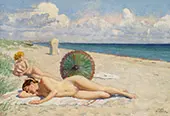Young Women on The Beach at Hornbaek Zealand By Paul Gustav Fischer