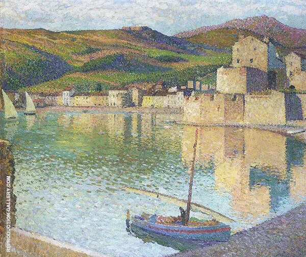Blue Boat in Port Collioure By Henri Jean Guillaume Martin
