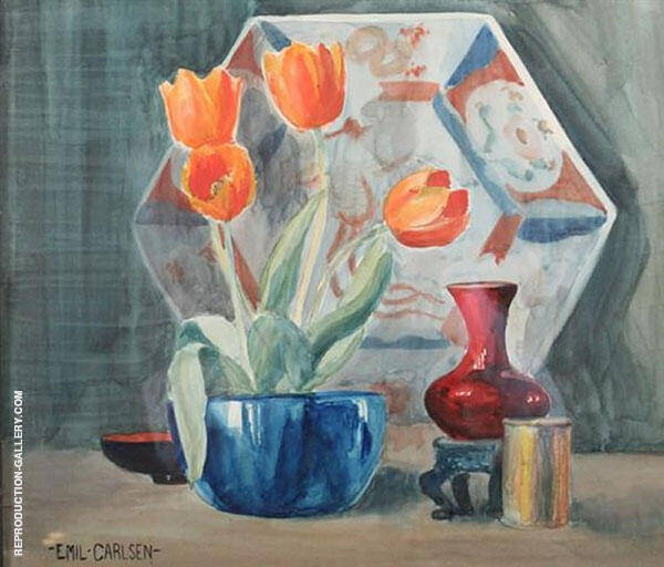 Still Life with Asian Charger and Tulips | Oil Painting Reproduction