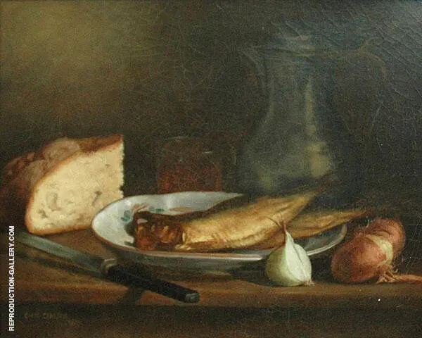 Still Life with Fish Bread and Onions 1885 By Emil Carlsen
