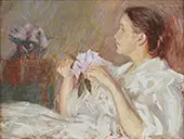 Lady in White Holding Lilacs By Philip Leslie Hale
