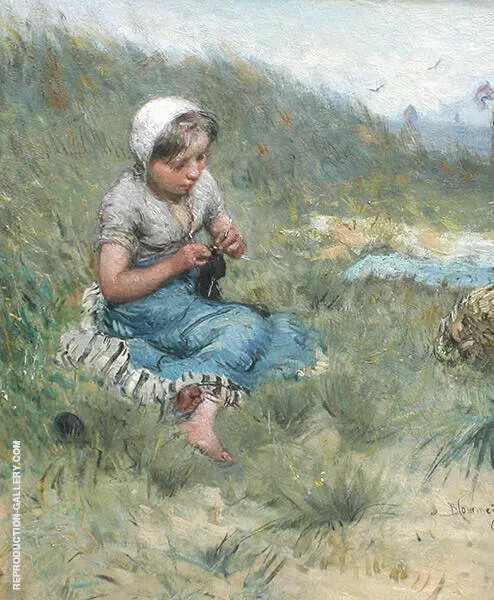 Dune Landscape with Knitting Girl By Bernardus Johannes Blommers