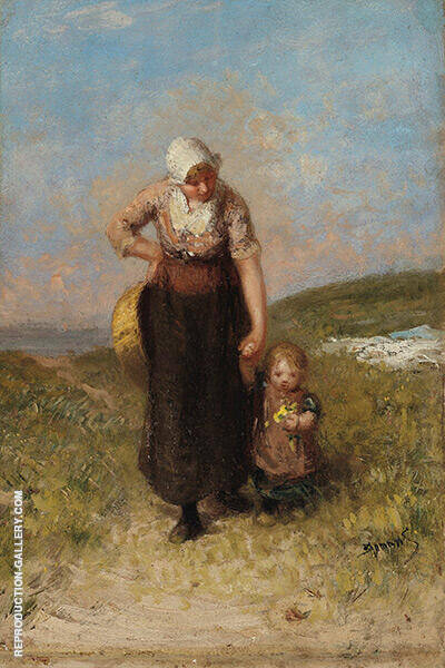 Mother and Child Strolling in The Dunes | Oil Painting Reproduction