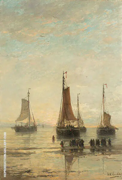 Bluff Bowed Scheveningen Boats at Anchor By Hendrik Willem Mesdag