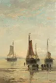 Bluff Bowed Scheveningen Boats at Anchor By Hendrik Willem Mesdag