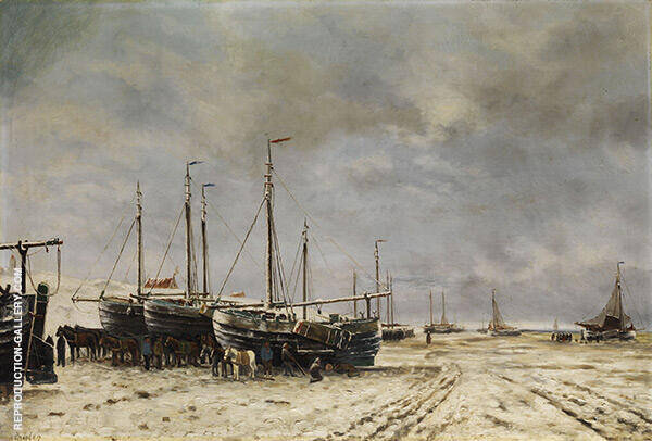 Polder Lake Landscape with Frozen Ships | Oil Painting Reproduction