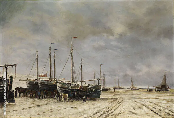 Polder Lake Landscape with Frozen Ships By Hendrik Willem Mesdag