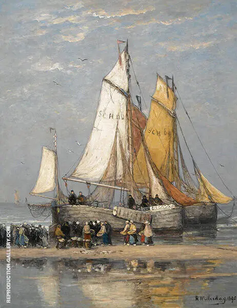 The Return of The Fishing Fleet on Scheveningen Beach By Hendrik Willem Mesdag