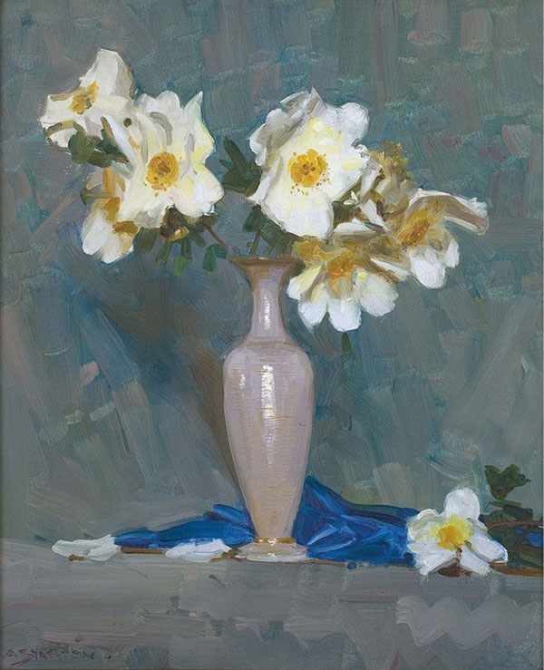Roses in a Cream Vase by Arthur Streeton | Oil Painting Reproduction