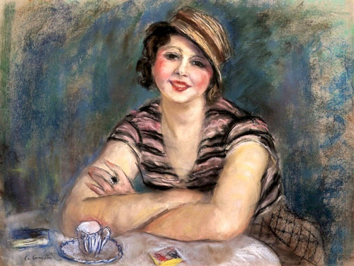 Brunette Woman at the Table, in Front of a Cup of Coffee | Oil Painting Reproduction