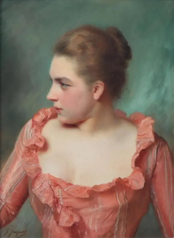 Portrait of a Lady in a Pink Dress By Gustav Jacquet