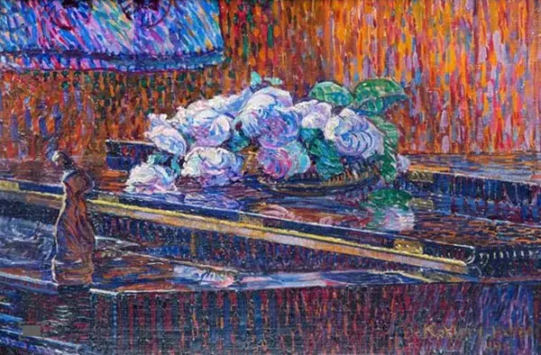 Still Life of Roses and a Sculpture on a Piano 1917 By Jo Koster