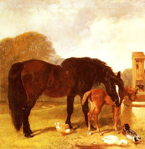 Horse and Foal Watering at A Trough | Oil Painting Reproduction