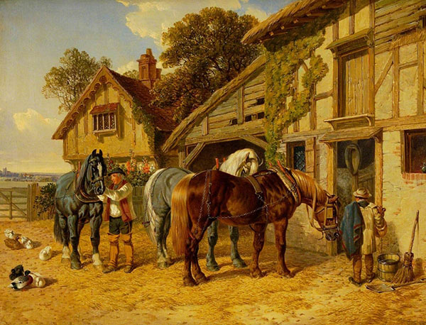 Three Horses and Ducks in Stable | Oil Painting Reproduction