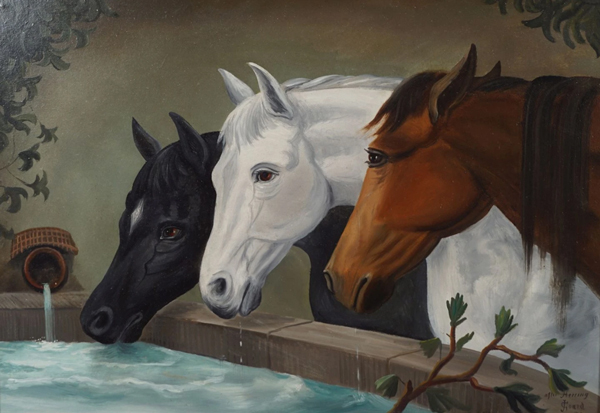 Three Horses at a Drinking Trough | Oil Painting Reproduction