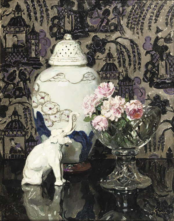 Still Life with Porcelain Elephant and Roses in a Glass Bowl | Oil Painting Reproduction