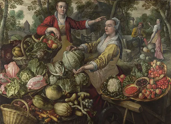 The Four Elements A Fruit and Vegetable Market with The Flight into The Background 1569 By Joachim Beuckelaer