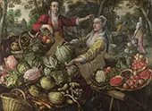 The Four Elements A Fruit and Vegetable Market with The Flight into The Background 1569 By Joachim Beuckelaer