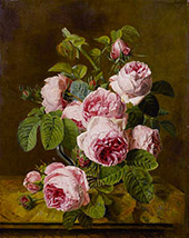 Pink Roses on a Marble Ledge By Iphigenie Milet-Moreau