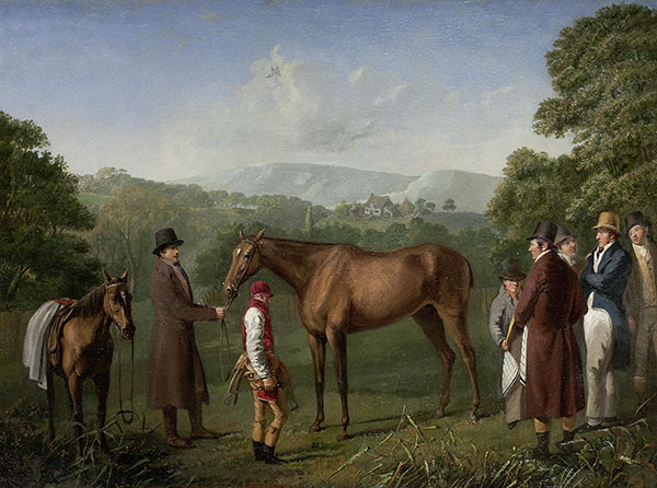 A Bay Racehorse Held by a Trainer in an Extensive Landscape | Oil Painting Reproduction