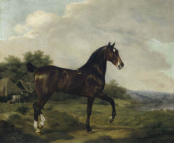A Dark Bay Hunter in an Extensive Landscape Horses and Cattle Beyond | Oil Painting Reproduction