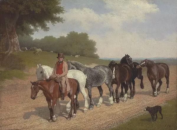 A Groom with a String of Carthorses and a Dog on a Country Road 1793 By Jacques-Laurent Agasse