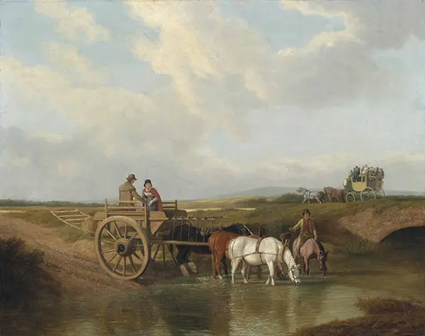 A Landscape with a Cart at a Ford with Horses Watering a Coach Beyond By Jacques-Laurent Agasse